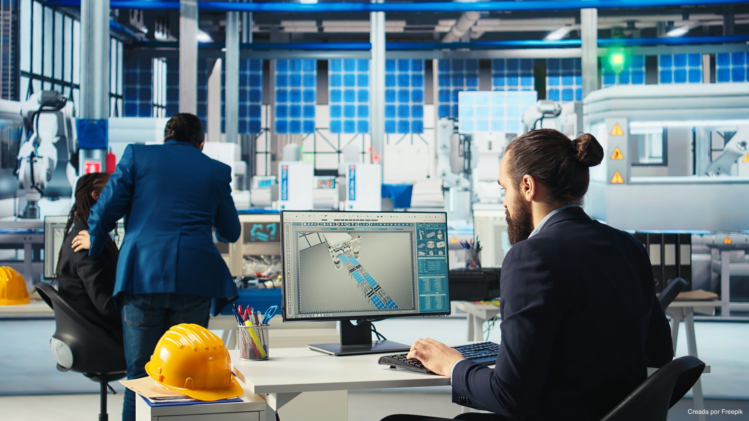 Supervisor reads inspection data files of solar plant machinery parameters Photovoltaics factory manager reviews paperwork of robot arms performance placing solar panels on assembly lines. Supervisor reads inspection data files of solar plant machinery parameters