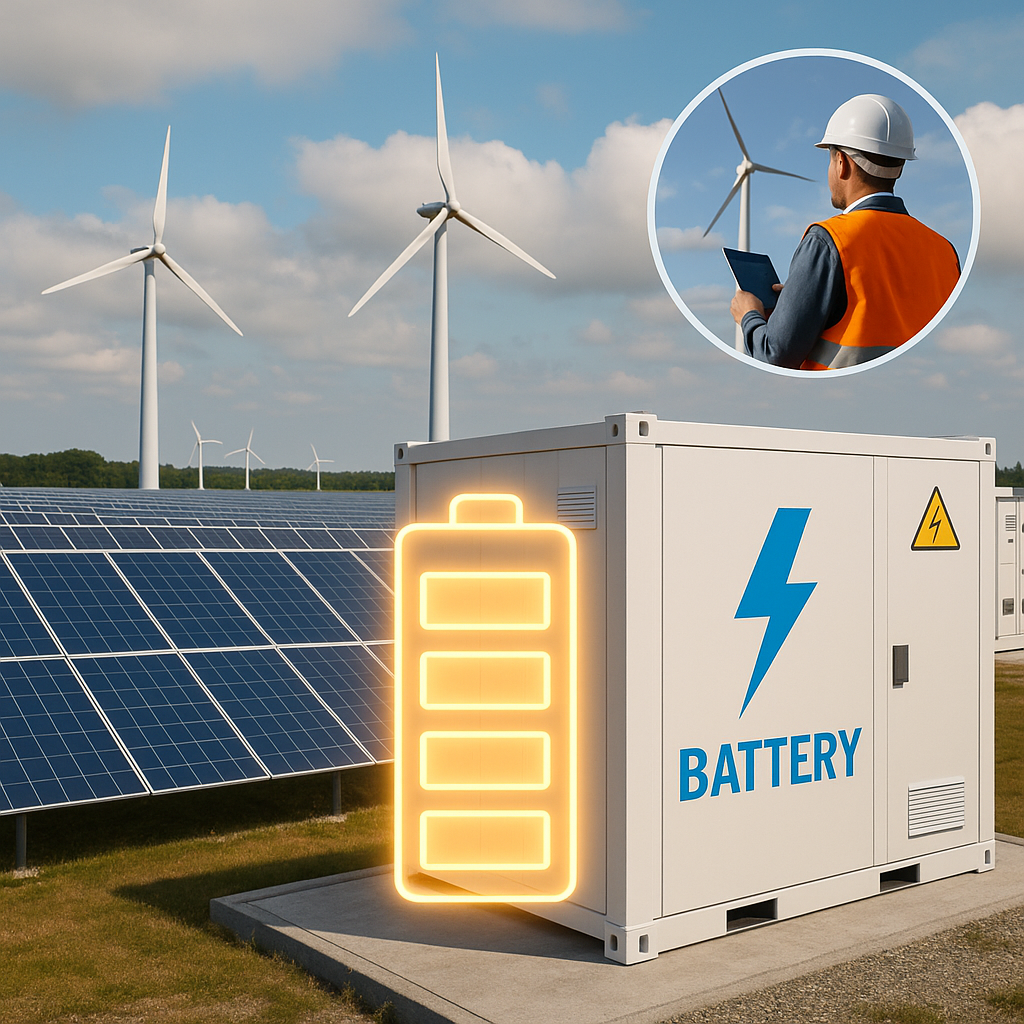Sistema de almacenamiento de batería junto a paneles solares y aerogeneradores, con un trabajador inspeccionando el sitio