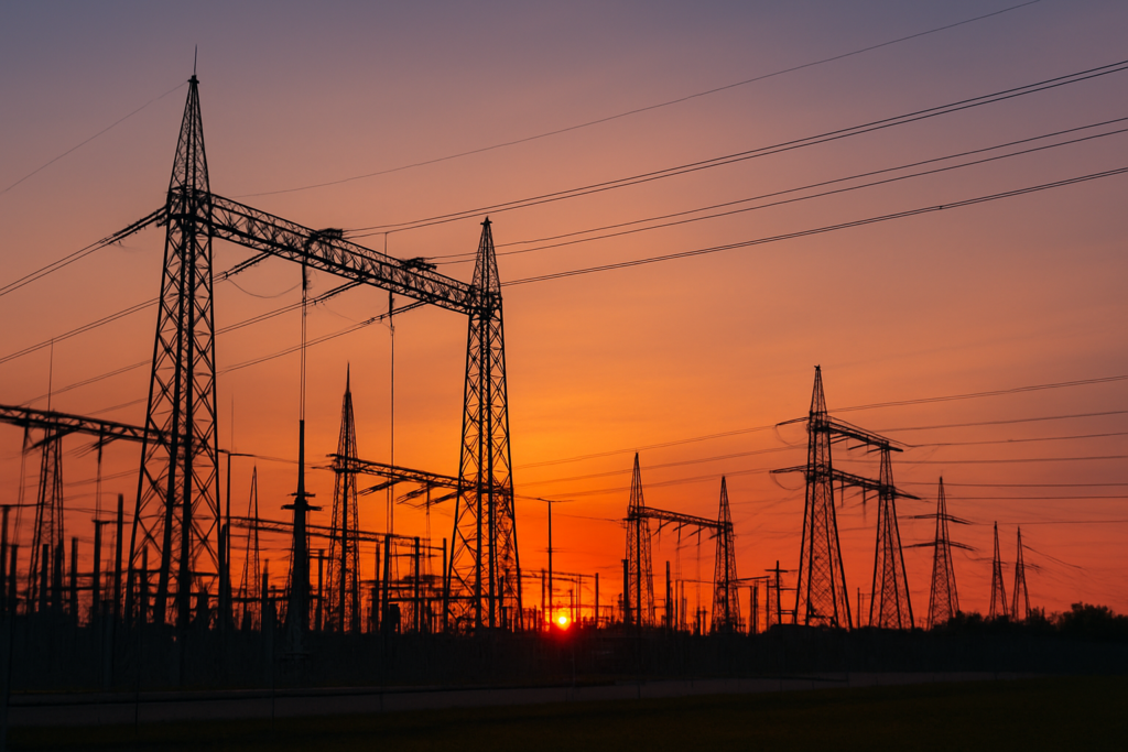 Líneas de transmisión eléctrica al atardecer, representando infraestructura energética.