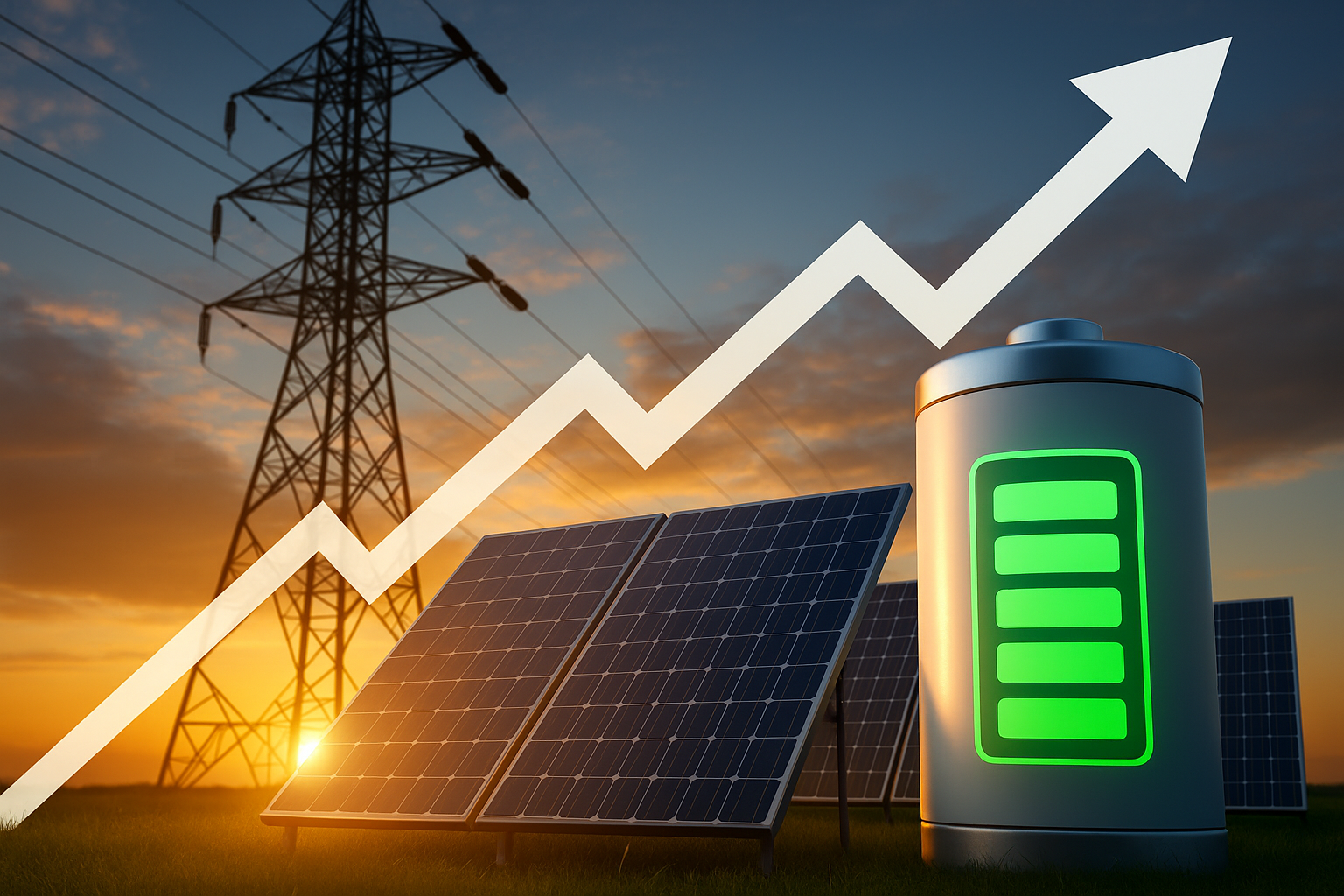 Paneles solares y batería con gráfico ascendente, simbolizando el crecimiento en energías renovables y almacenamiento de energía.