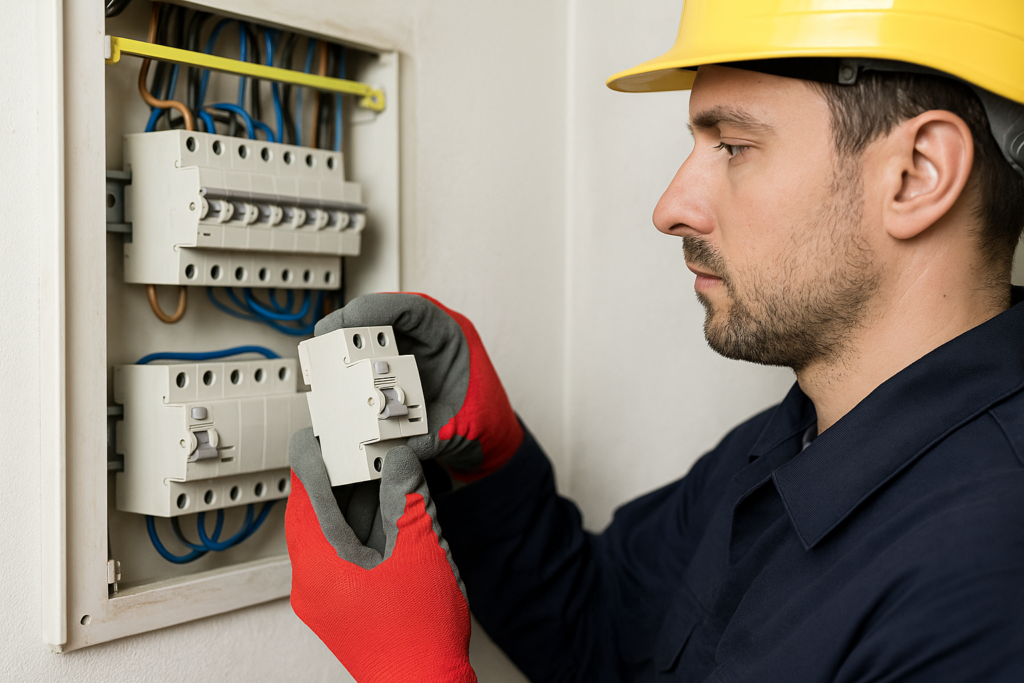 Electricista instalando un interruptor diferencial en un cuadro eléctrico moderno