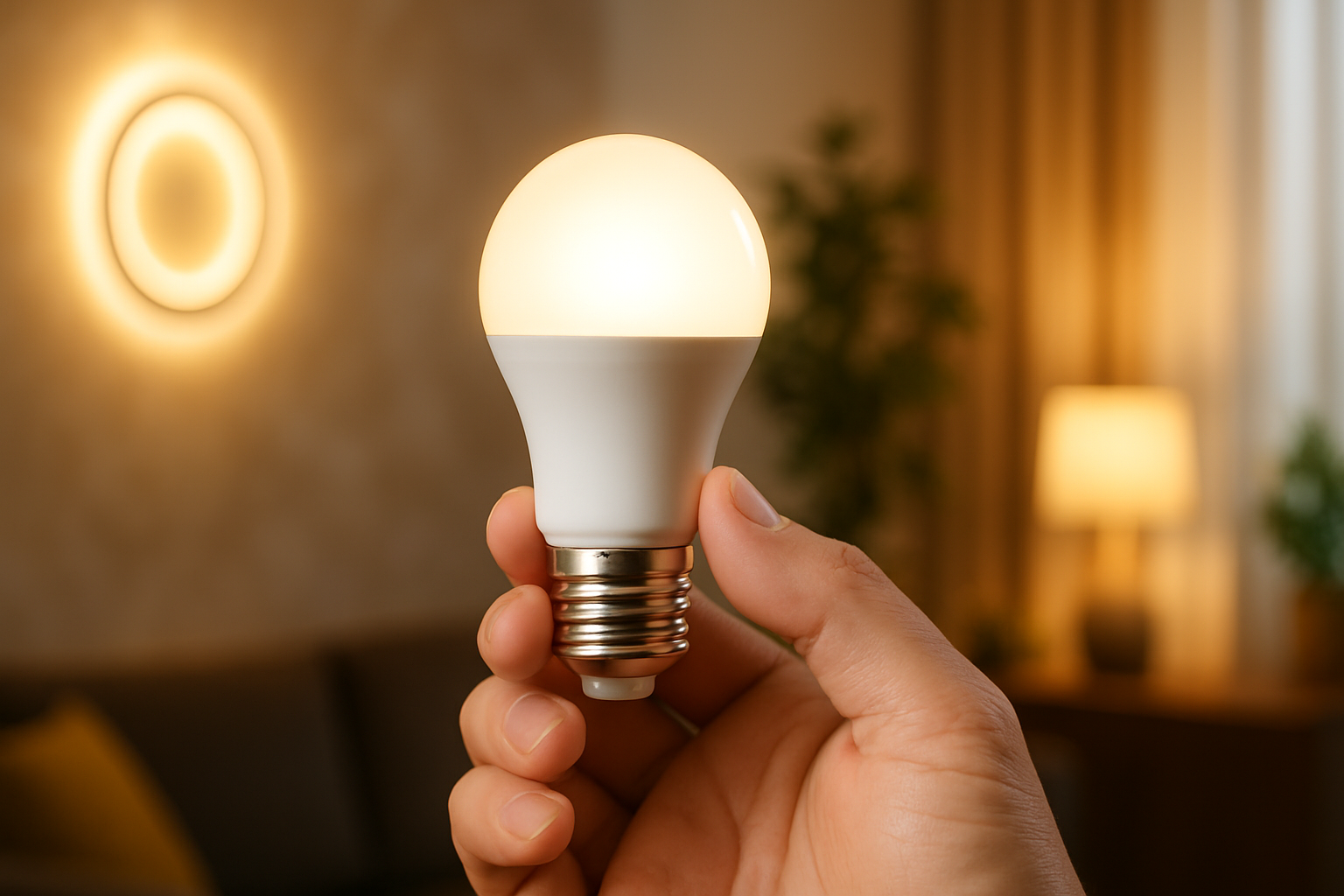 Mano con bombilla LED en interior acogedor.